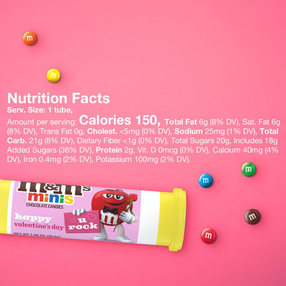 M&M'S Valentine Minis Milk Chocolate Candy, Valentine's Day Candy Gifts Bulk, 1.08 Ounce Tube (Pack of 24)