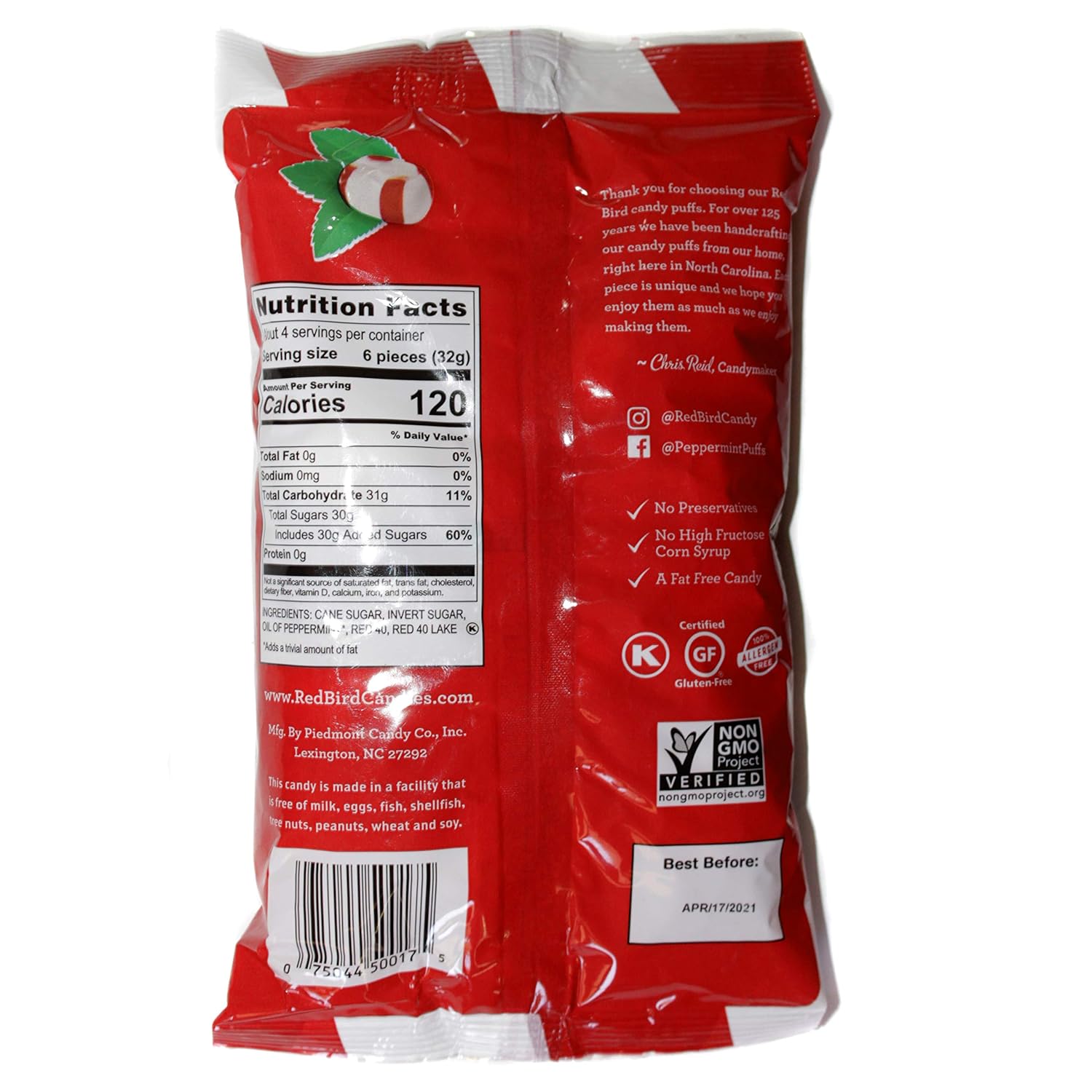 Alternative view of Red Bird (1) Bag Peppermint Candy Puffs - The Original Melt Away Mint - Naturally Flavored Handcrafted Candy Made with Pure Cane Sugar - Fat Free, Gluten Free - Net Wt. 5 oz