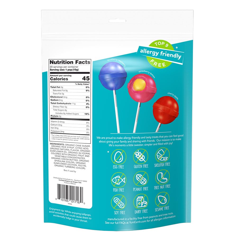 YumEarth Organic Duo Pops, Lollipops with Fruit Chew Centers - Allergy Friendly (Top 9 Free), No Artificial Dyes, Non GMO, Gluten Free, Vegan Candy Snacks - Individually Wrapped Pops (20 Count (Pack of 1))