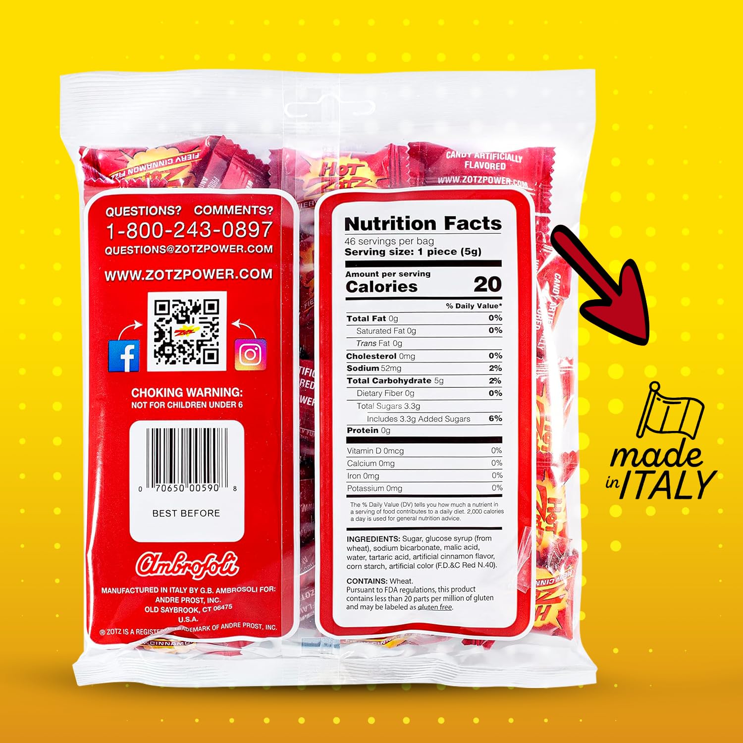 Zotz Fizzy Old Fashioned Hard Candy - Fiery Cinnamon Flavored Candy, Individually Wrapped and Filled Hard Candy, From Italy Since 1970 (Bag 46 Units)