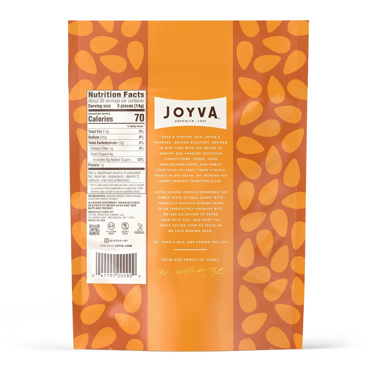 Joyva Sesame Crunch, 16 oz (454g) Pouch | Individually Wrapped Honey Sesame Candy | Kosher Parve, Gluten-Free, Dairy-Free | Crunchy Snack with Roasted Sesame Seeds | Made in Brooklyn, NY