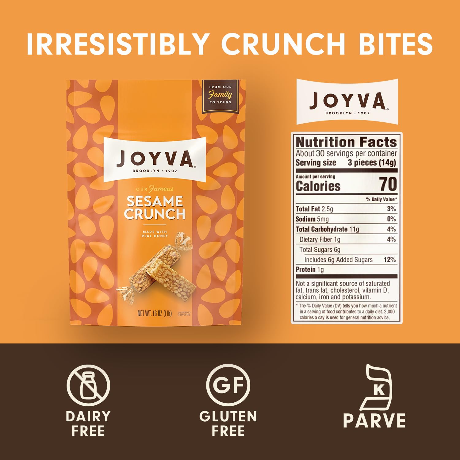 Alternative view of Joyva Sesame Crunch, 16 oz (454g) Pouch | Individually Wrapped Honey Sesame Candy | Kosher Parve, Gluten-Free, Dairy-Free | Crunchy Snack with Roasted Sesame Seeds | Made in Brooklyn, NY