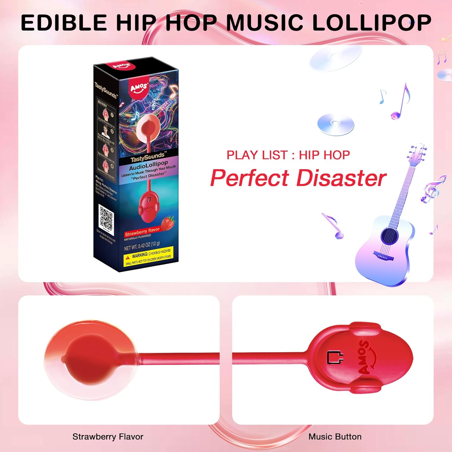 Alternative view of Amos TastySounds Audio Lollipop 4-Pack (2 Blueberry + 2 Strawberry), Interactive Music-Activated Novelty Candy Suckers for Kids, Fun Party Treats Hard Candy Assortment