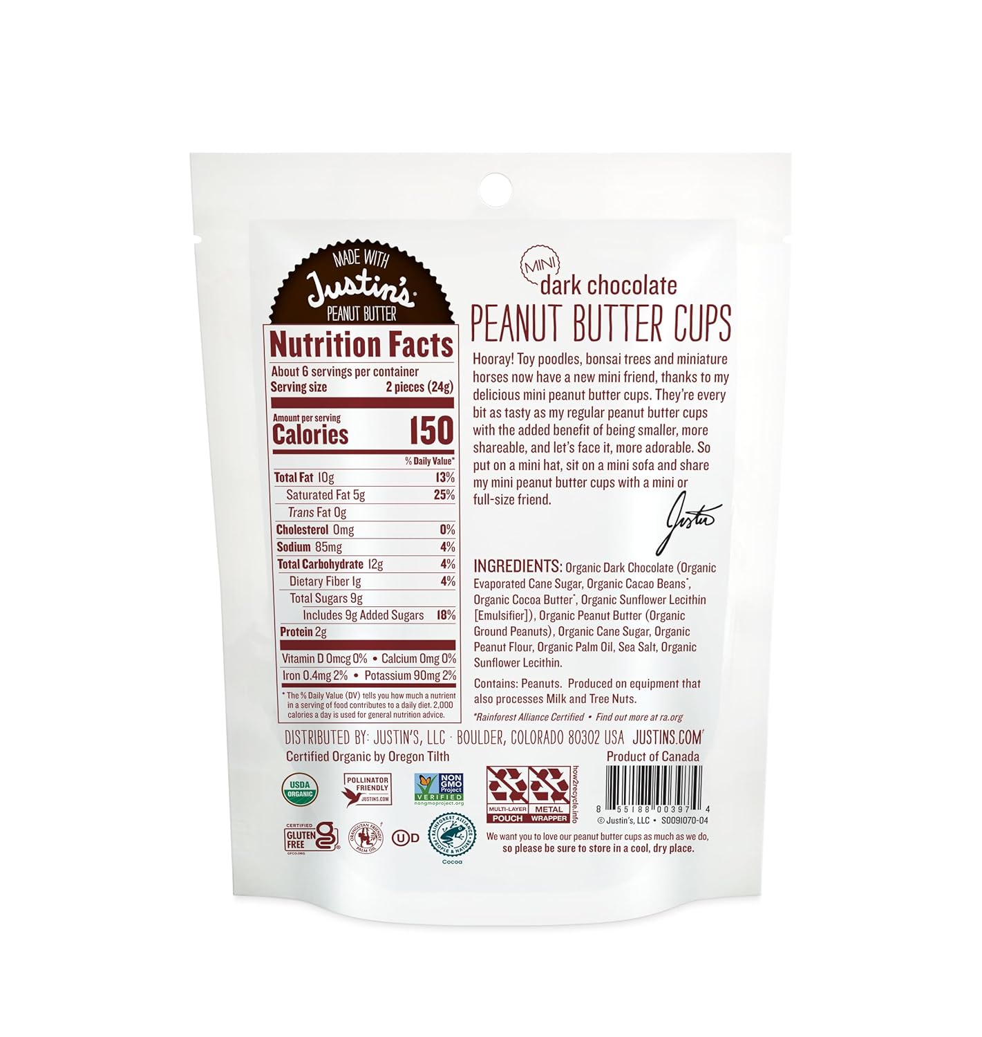 Justin's, Peanut Butter Cups Dark Chocolate Mini Organic, 4.7 Ounce