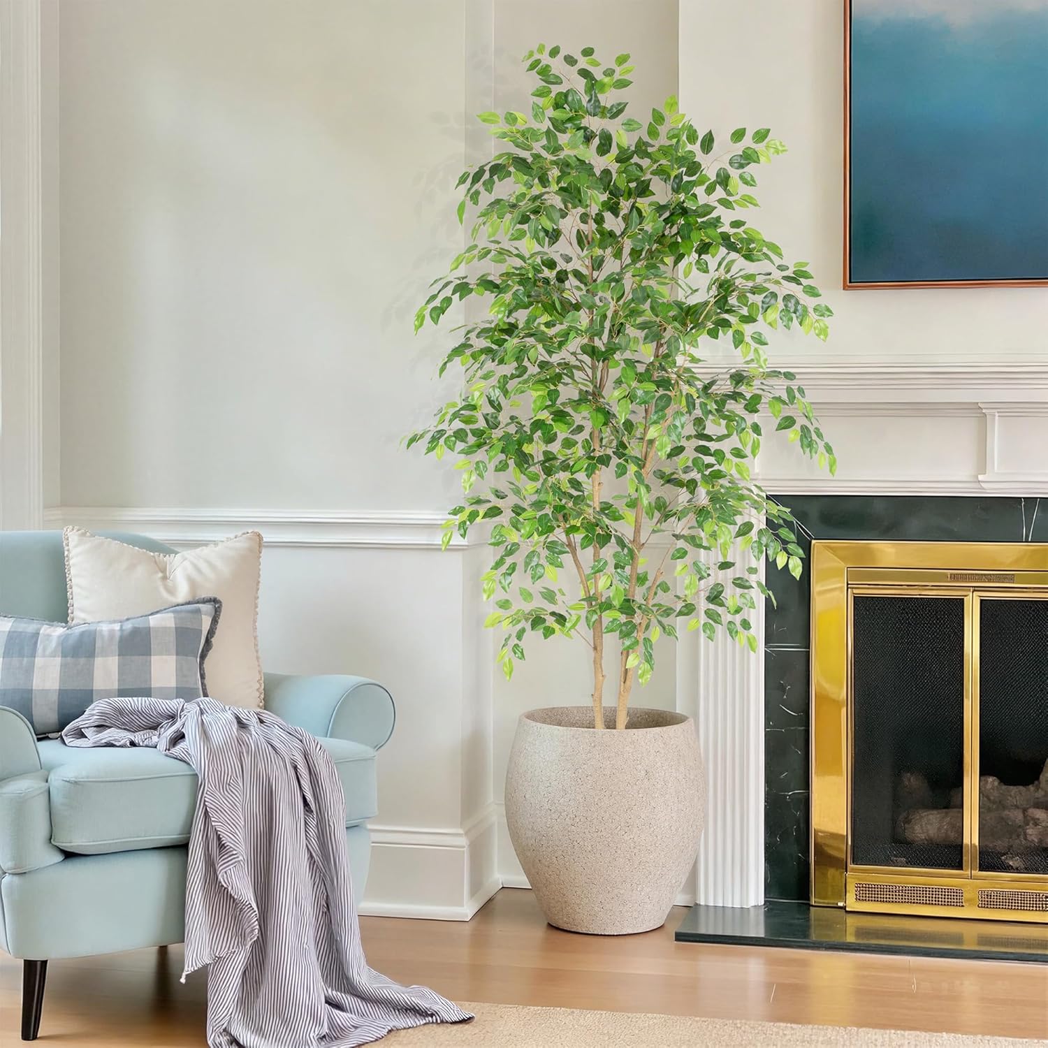 Nafresh Tall UV Resistant Ficus Tree Artificial，6ft(72in) Faux Ficus Tree with Realistic Smooth and Shiny Leaves， Fake Trees Indoor Outdoor for Home Office Living Room Bedroom Foyer Porch Decor.