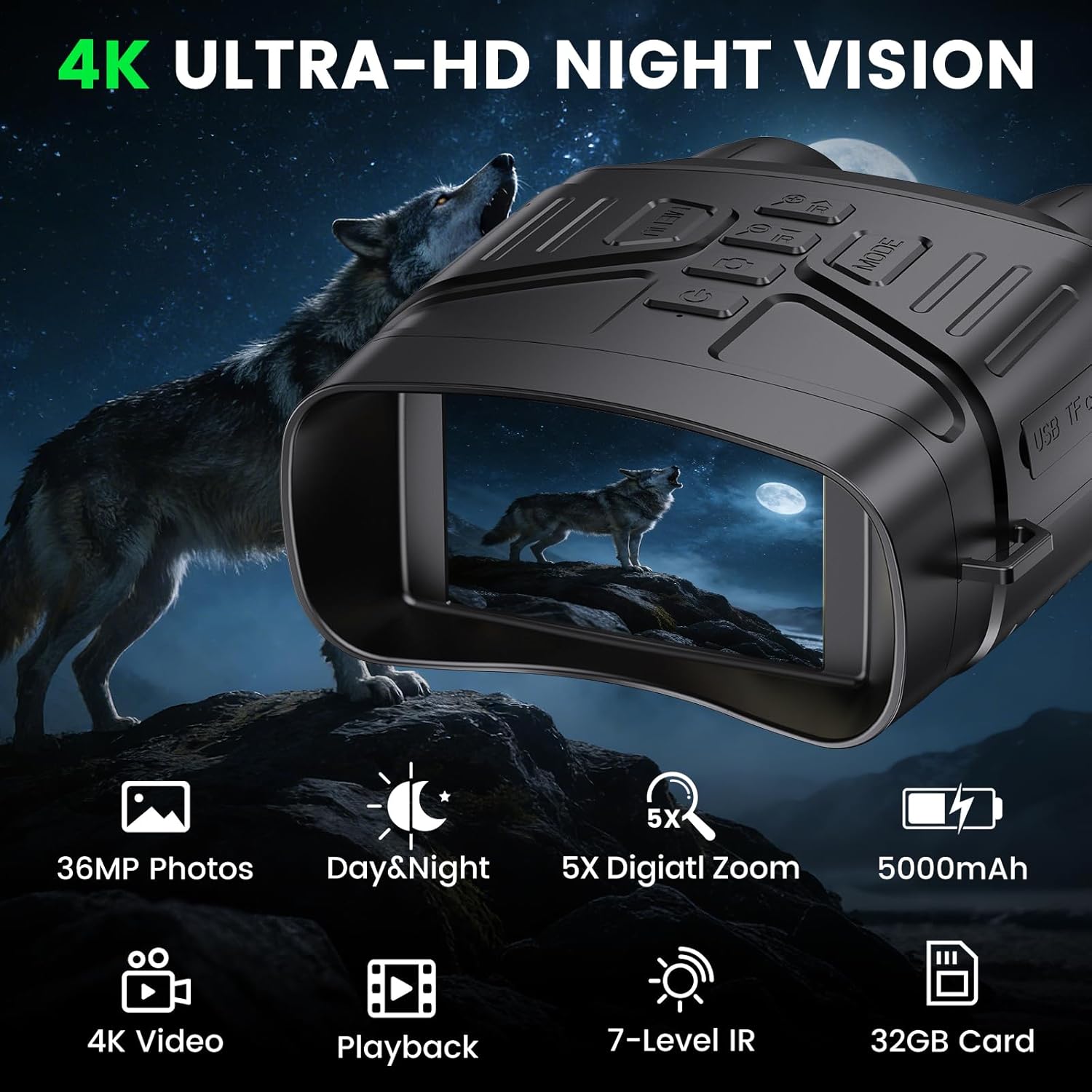 HEXEUM Night Vision Goggles, 4K Night Vision Binoculars for Adults with 5000mAh Battery, 3″ HD Screen & 32GB Card for Hunting, Wildlife Observation, Security