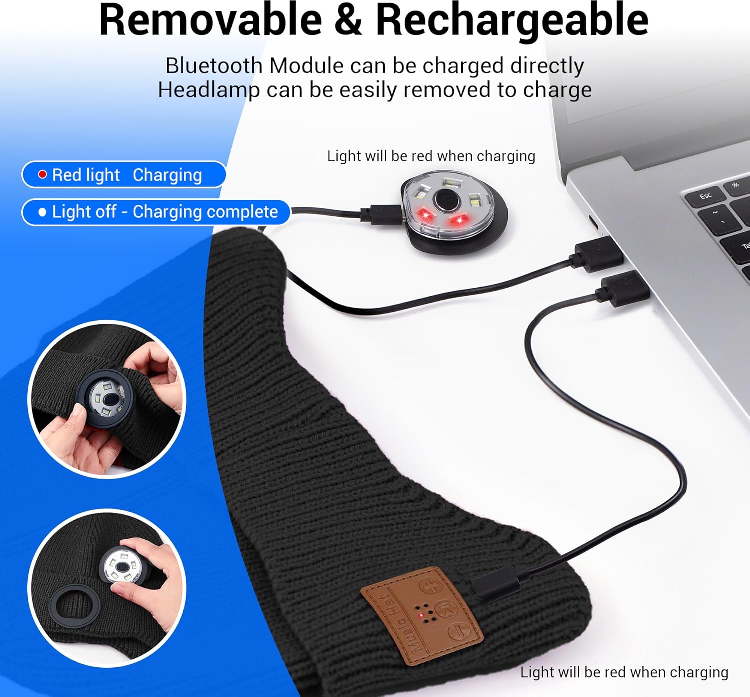 Mens Gifts Bluetooth Beanie with Light, Built-in Wireless Headphones & Stereo Speakers - USB Rechargeable Bluetooth Hat | Cool Gadgets Stocking Stuffers Gifts for Men Women (Black, Adult) - Image 4