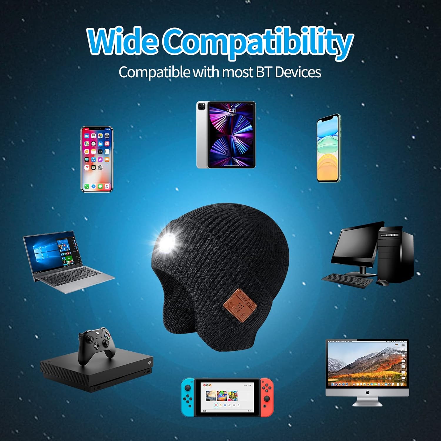 Mens Gifts Bluetooth Beanie with Light, Built-in Wireless Headphones & Stereo Speakers - USB Rechargeable Bluetooth Hat | Cool Gadgets Stocking Stuffers Gifts for Men Women (Black, Adult) - Image 6