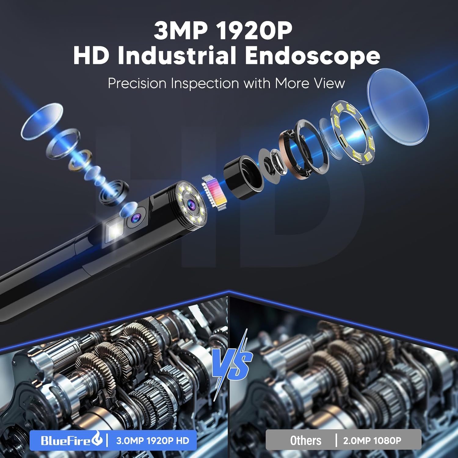 BlueFire Upgraded Endoscope Camera with Light, 1920P HD Borescope, 16.4ft Semi-Rigid Snake Camera for Android and iOS Smartphone, Tablet, Black, IP67 Waterproof