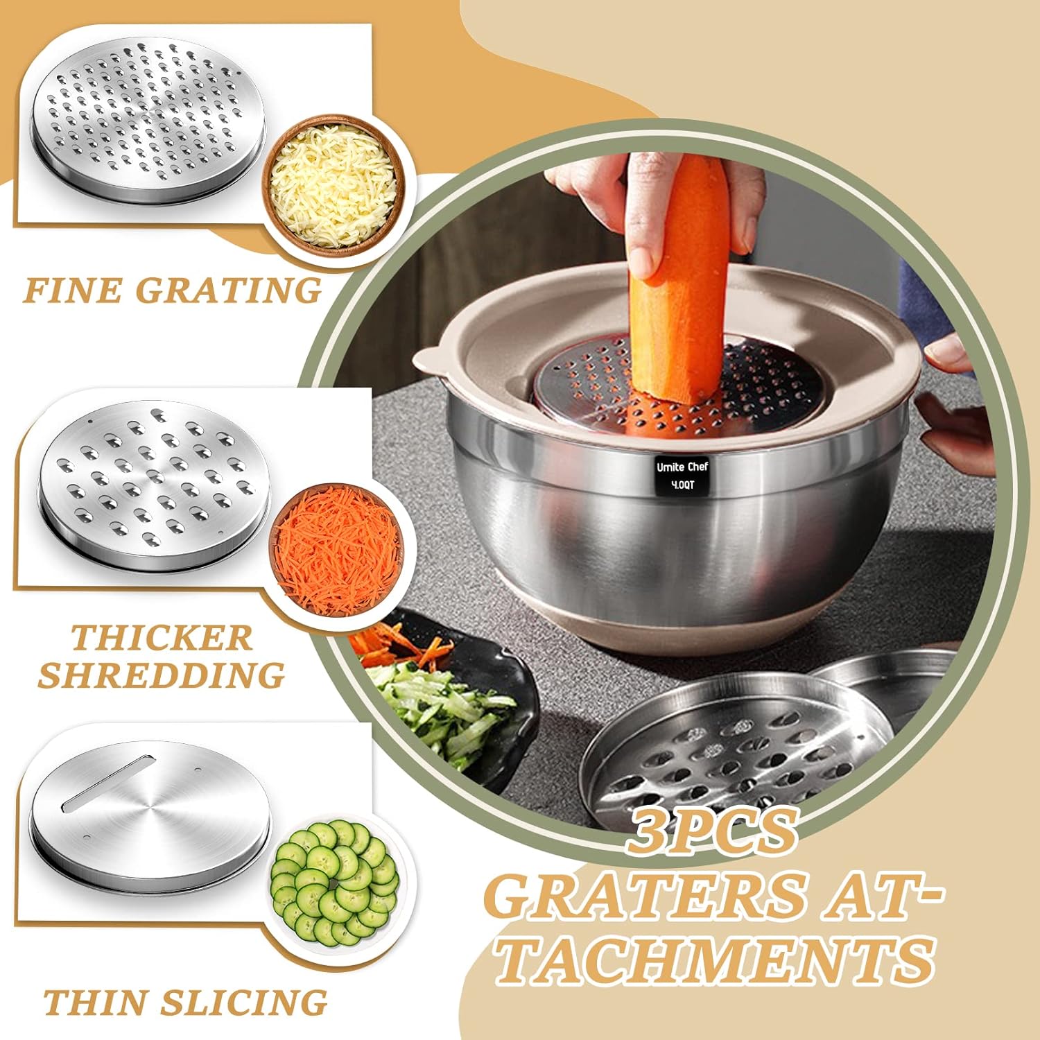 Mixing Bowls with Airtight Lids Set, 26PCS Stainless Steel Khaki Bowls with Grater Attachments, Non-Slip Bottoms & Kitchen Gadgets Set, Size 7, 4, 2.5, 2.0,1.5, 1QT, Great for Mixing & Serving - Image 2