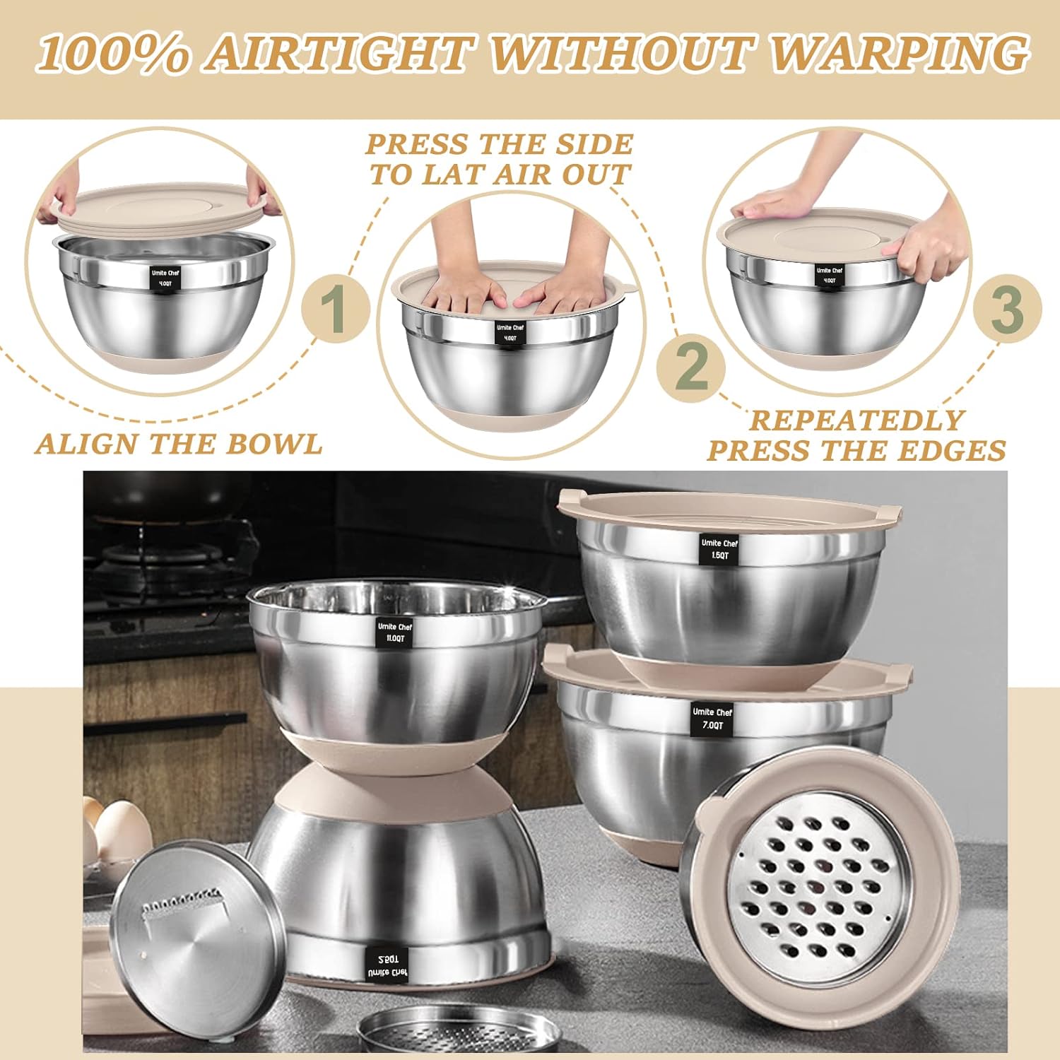 Mixing Bowls with Airtight Lids Set, 26PCS Stainless Steel Khaki Bowls with Grater Attachments, Non-Slip Bottoms & Kitchen Gadgets Set, Size 7, 4, 2.5, 2.0,1.5, 1QT, Great for Mixing & Serving - Image 6