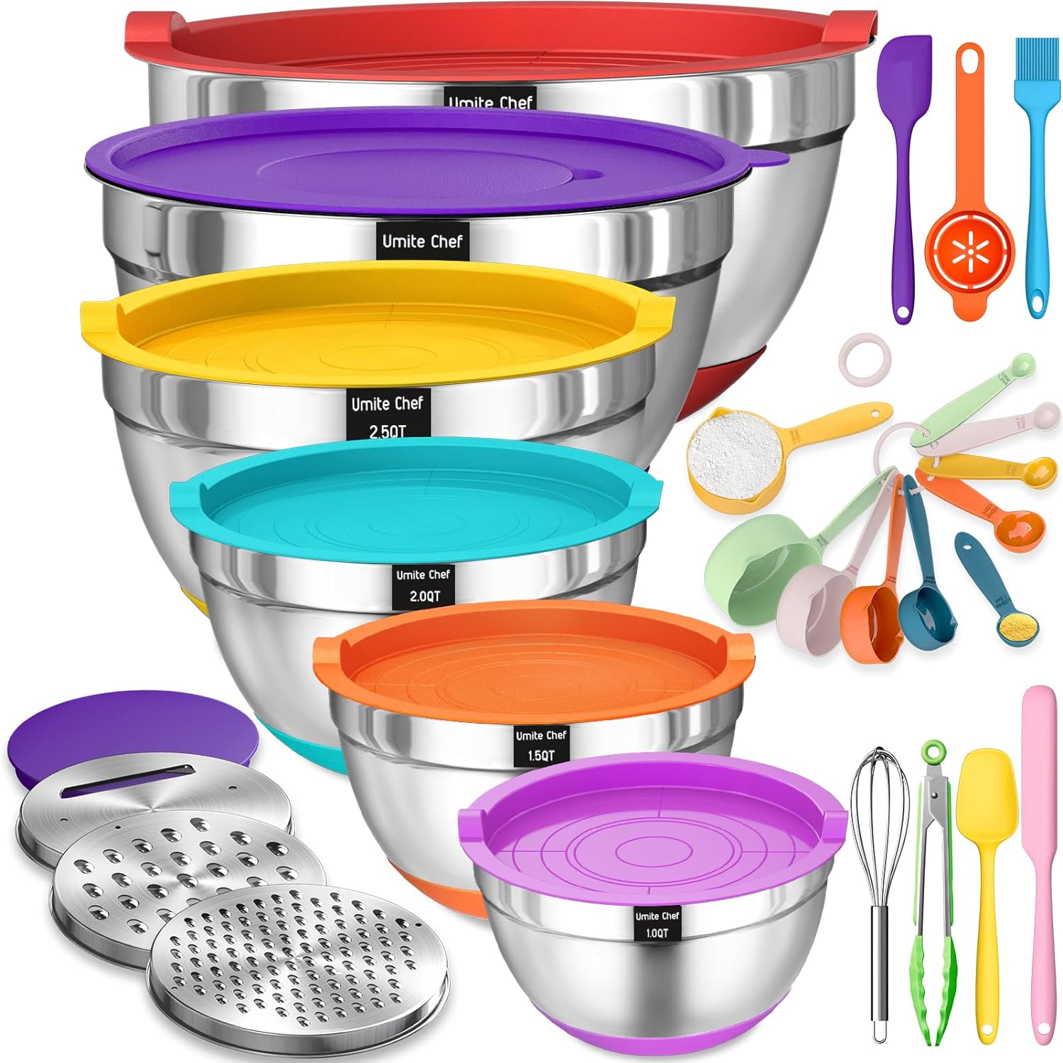 Mixing Bowls with Airtight Lids Set, 26PCS Stainless Steel Khaki Bowls with Grater Attachments, Non-Slip Bottoms & Kitchen Gadgets Set, Size 7, 4, 2.5, 2.0,1.5, 1QT, Great for Mixing & Serving - Image 7