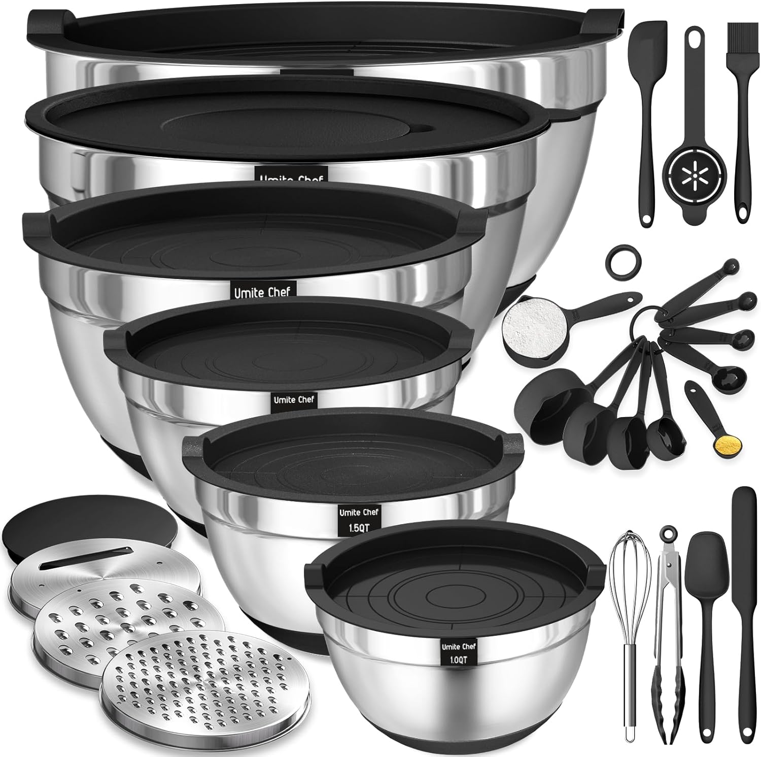 Mixing Bowls with Airtight Lids Set, 26PCS Stainless Steel Khaki Bowls with Grater Attachments, Non-Slip Bottoms & Kitchen Gadgets Set, Size 7, 4, 2.5, 2.0,1.5, 1QT, Great for Mixing & Serving - Image 8