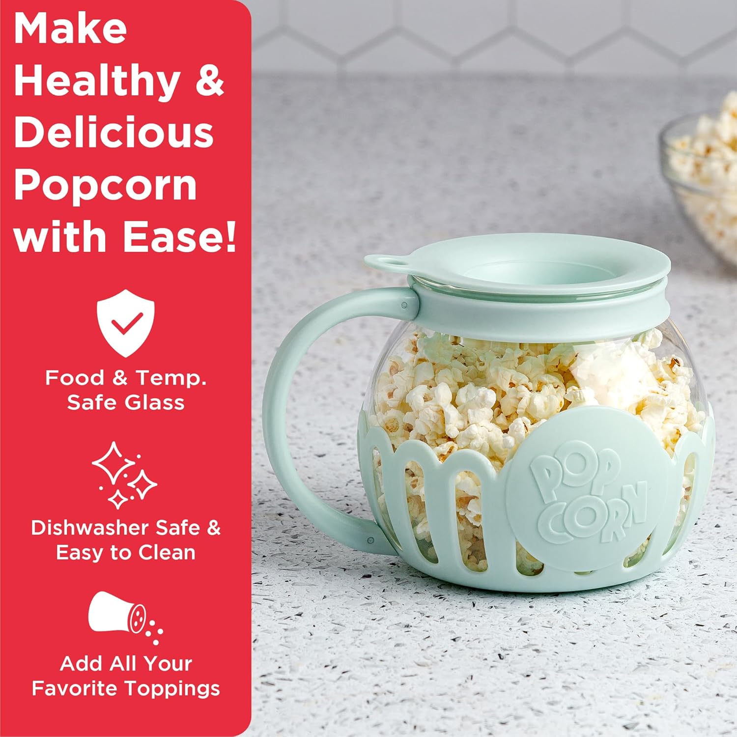 Ecolution Patented Micro-Pop Microwave Popcorn Popper with Temperature Safe Glass, 3-in-1 Lid Measures Kernels and Melts Butter, Made Without BPA, Dishwasher Safe, 1.5-Quart, Aqua - Image 2