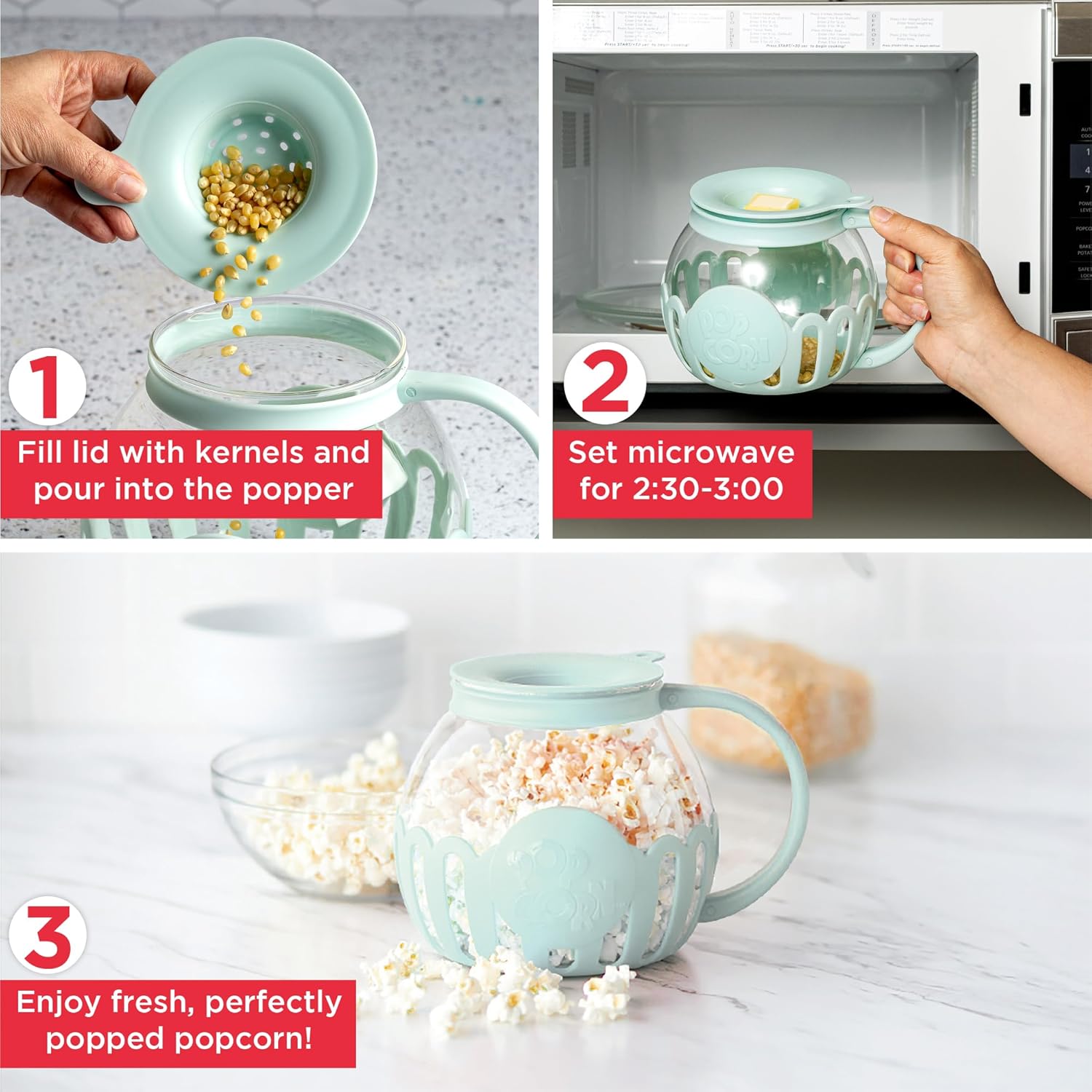 Ecolution Patented Micro-Pop Microwave Popcorn Popper with Temperature Safe Glass, 3-in-1 Lid Measures Kernels and Melts Butter, Made Without BPA, Dishwasher Safe, 1.5-Quart, Aqua - Image 3