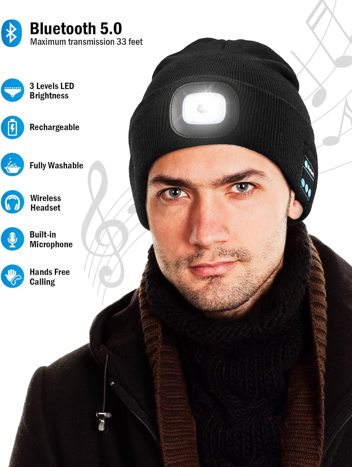Wmcaps Bluetooth Beanie with a Light, Unisex USB Rechargeable 4 LED Fashlight Hat with Cordless Headphones, Unique Christmas Birthday Gifts for Men Him Husband Teen Black