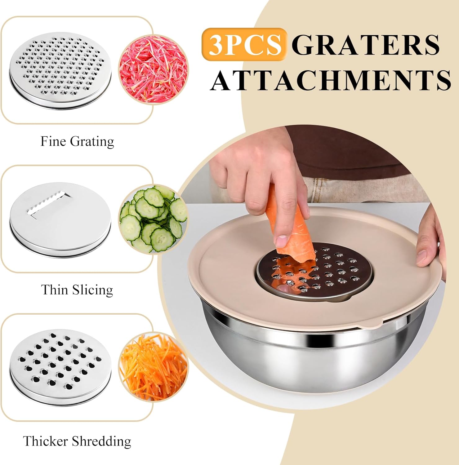 Mixing Bowls with Airtight Lids Set, 20 PCS Kitchen Gadgets Set, 6 Stainless Steel Bowls,3 Grater Attachments,Non-Slip Silicone Bottoms,Great for Serving&Baking,Size 5, 4, 3.5, 2.1, 1.5, 1.1QT (Khaki) - Image 2