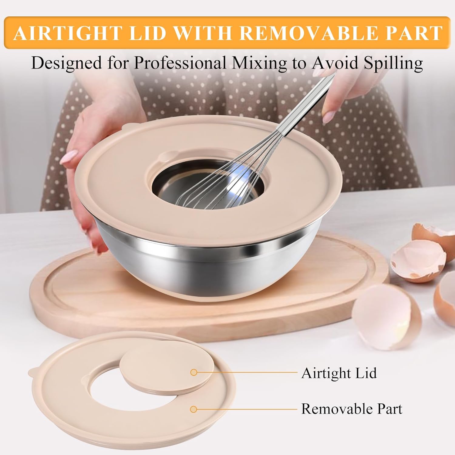 Mixing Bowls with Airtight Lids Set, 20 PCS Kitchen Gadgets Set, 6 Stainless Steel Bowls,3 Grater Attachments,Non-Slip Silicone Bottoms,Great for Serving&Baking,Size 5, 4, 3.5, 2.1, 1.5, 1.1QT (Khaki) - Image 3