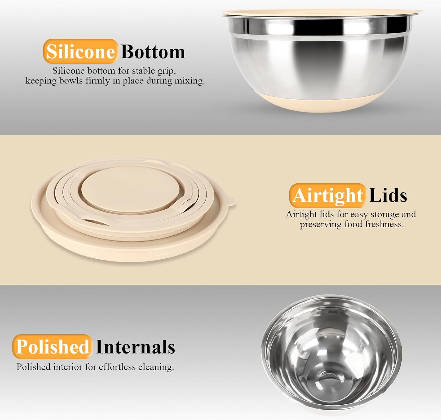 Mixing Bowls with Airtight Lids Set, 20 PCS Kitchen Gadgets Set, 6 Stainless Steel Bowls,3 Grater Attachments,Non-Slip Silicone Bottoms,Great for Serving&Baking,Size 5, 4, 3.5, 2.1, 1.5, 1.1QT (Khaki) - Image 4