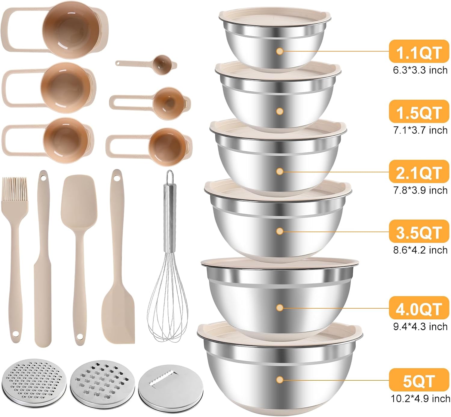 Mixing Bowls with Airtight Lids Set, 20 PCS Kitchen Gadgets Set, 6 Stainless Steel Bowls,3 Grater Attachments,Non-Slip Silicone Bottoms,Great for Serving&Baking,Size 5, 4, 3.5, 2.1, 1.5, 1.1QT (Khaki) - Image 7