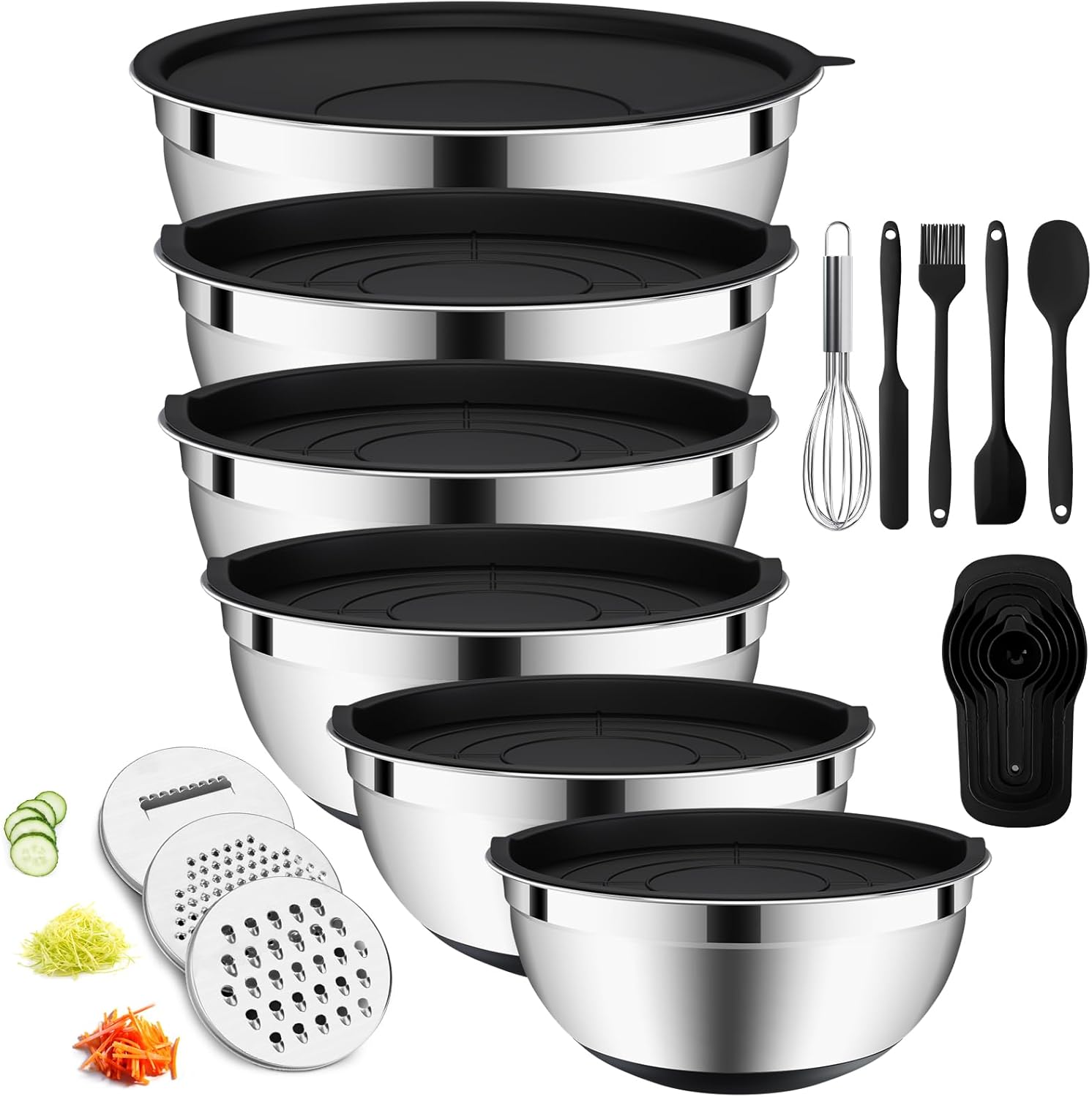 Mixing Bowls with Airtight Lids Set, 20 PCS Kitchen Gadgets Set, 6 Stainless Steel Bowls,3 Grater Attachments,Non-Slip Silicone Bottoms,Great for Serving&Baking,Size 5, 4, 3.5, 2.1, 1.5, 1.1QT (Khaki) - Image 8