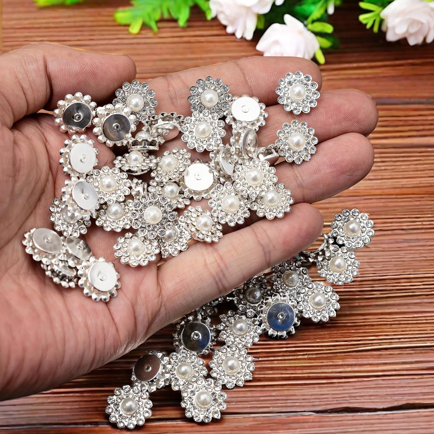 Alternative view of 50 pcs Pearl Rhinestone Crystal Embellishments Decoration Brooch Flatback DIY Craft for Flower Bow Headband Dress Accessory 14mm (Silver)