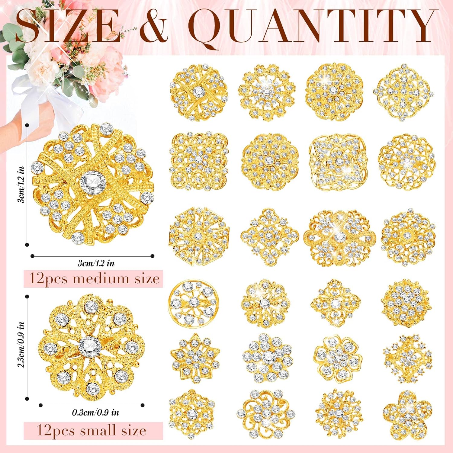 Alternative view of 124 Pcs Bouquet Pins Flower Brooch Rhinestone Diamond Brooches Crystal Corsage Boutonniere Stick Pins Embellishments for Crafting Wedding Decor Supplies(Gold)