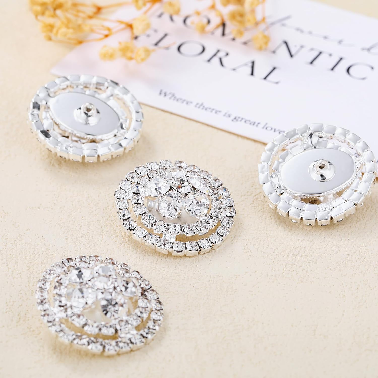 Rytenz 4Pcs Sliver Rhinestone Buttons Crystal Embellishments for Clothing Jewelry Making DIY Decoration Bottons for Sewing Crafts Wedding Bridal (silvery-09)