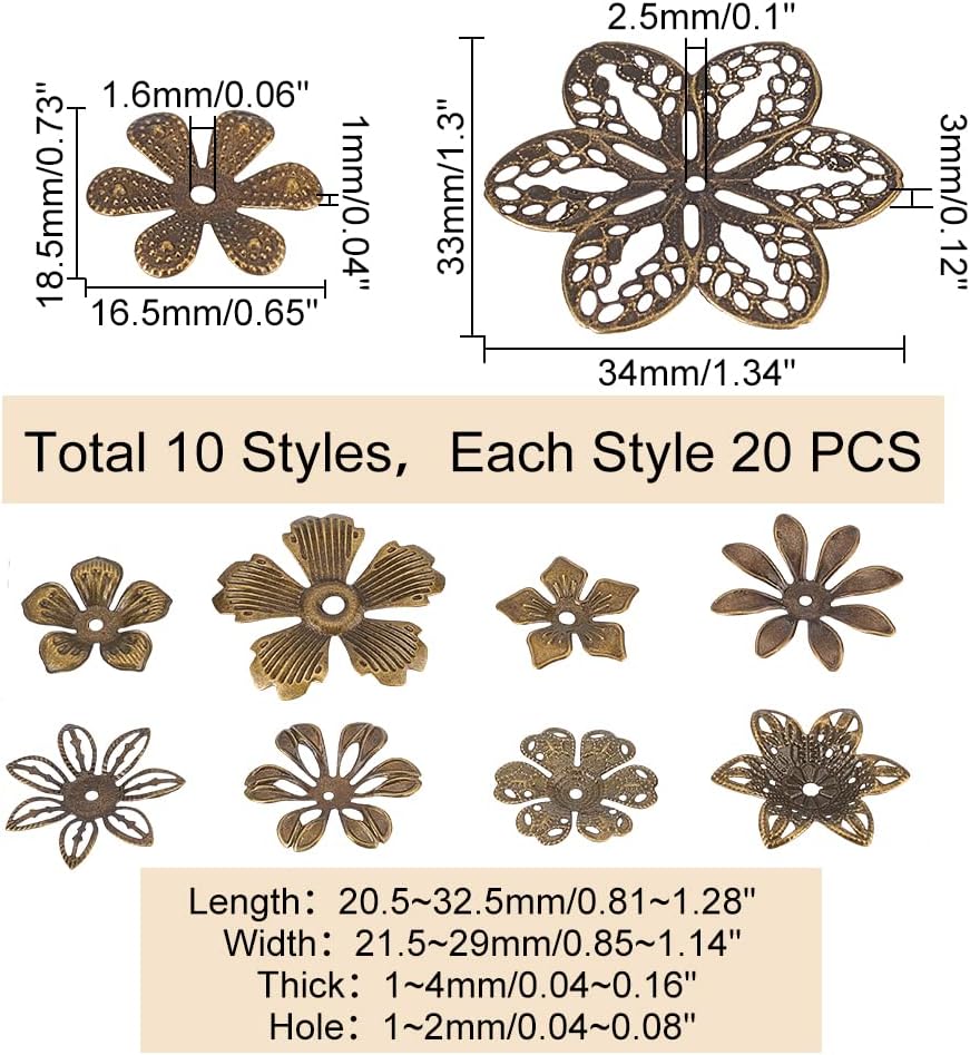PandaHall 200pcs Flower Spacer Beads, 10 Styles Iron Flower Bead Cap Filigree Tibetan End Caps for DIY Earrings Bracekets Necklace Jewelry Craft Making Supplies, Antique Bronze