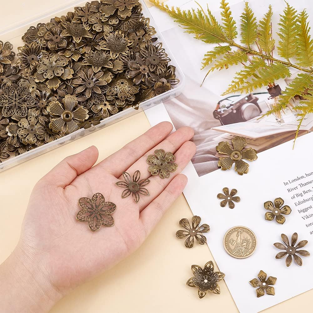 Alternative view of PandaHall 200pcs Flower Spacer Beads, 10 Styles Iron Flower Bead Cap Filigree Tibetan End Caps for DIY Earrings Bracekets Necklace Jewelry Craft Making Supplies, Antique Bronze