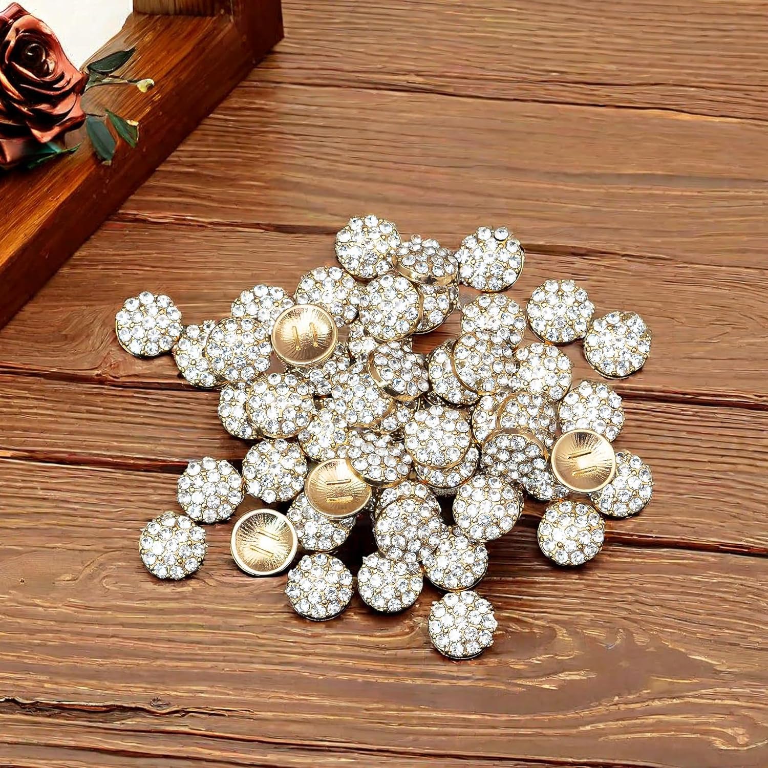 YHOTA 50 pcs Rhinestone Crystal Decorations Round Accessory Alloy Flatback Embellishments for Crafts Handmade Button No Hole Brooch Wedding Bouquet Hair Bow Flower Gift Box Decor (Gold)
