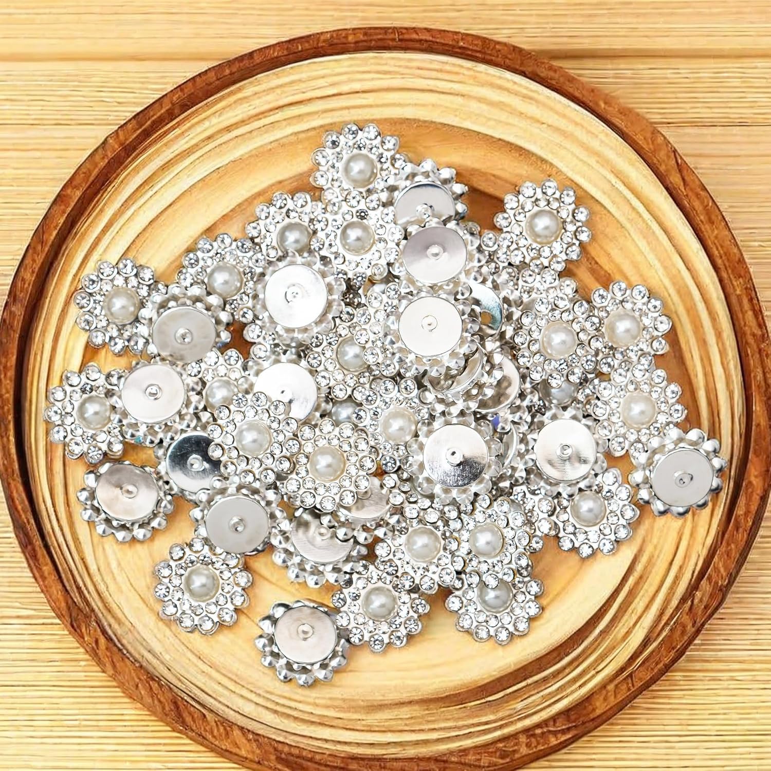 50 pcs Pearl Rhinestone Crystal Embellishments Decoration Brooch Flatback DIY Craft for Flower Bow Headband Dress Accessory 14mm (Silver)