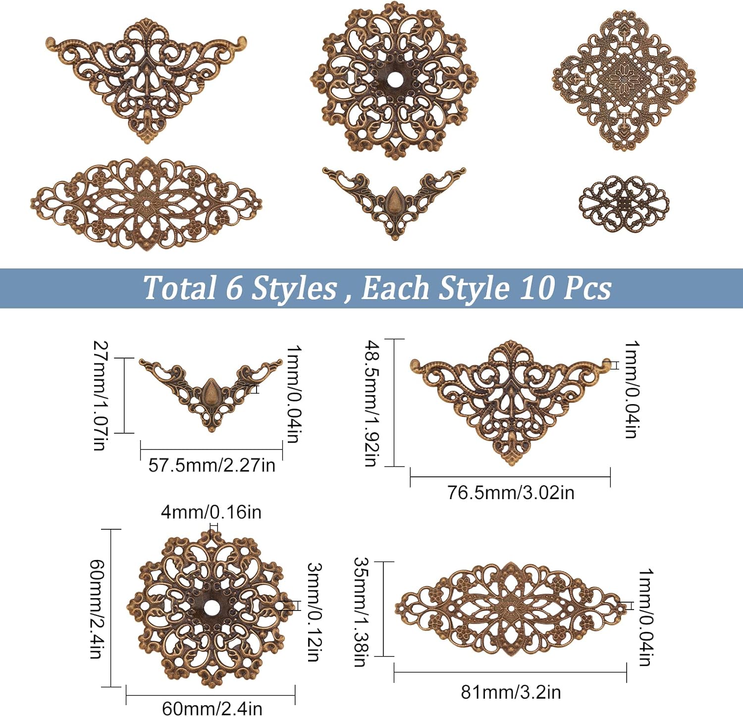 SUNNYCLUE 1 Box 60Pcs 6 Styles Antique Bronze Filigree Metal Filigree Pieces Iron Flower Embellishment Hollow Tibetan Charm for Jewelry Making Charms Choker Necklace Bracelet Earrings DIY Accessories