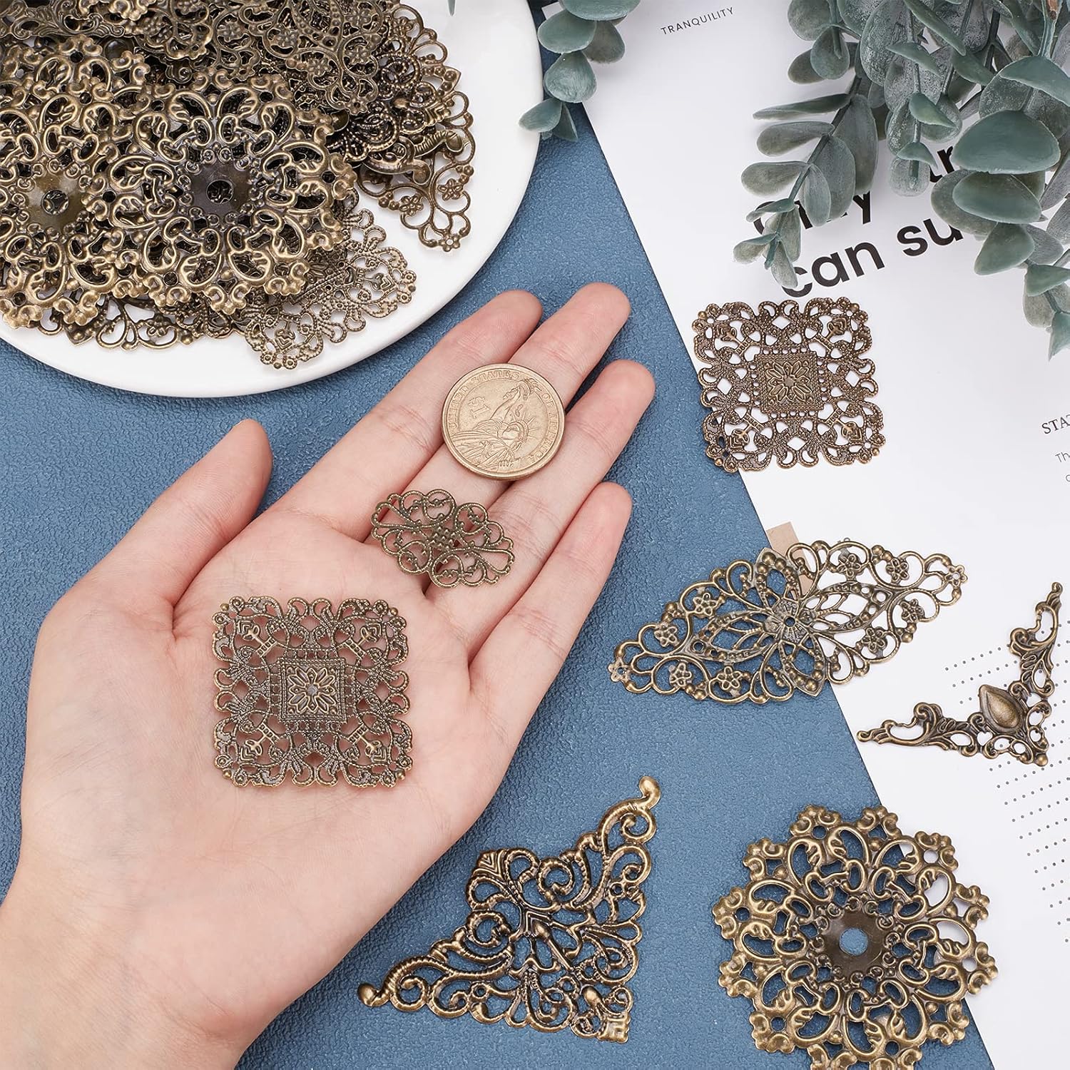 Alternative view of SUNNYCLUE 1 Box 60Pcs 6 Styles Antique Bronze Filigree Metal Filigree Pieces Iron Flower Embellishment Hollow Tibetan Charm for Jewelry Making Charms Choker Necklace Bracelet Earrings DIY Accessories