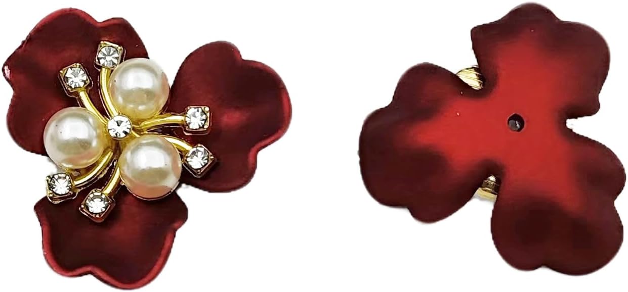 YOOGCORETT 10pcs Pearl Rhinestone Flat Back Embellishments Sew On Buttons Flower Buttons for DIY Craft, Bags Shoes Dress Decoration, 28 x 26mm, Red