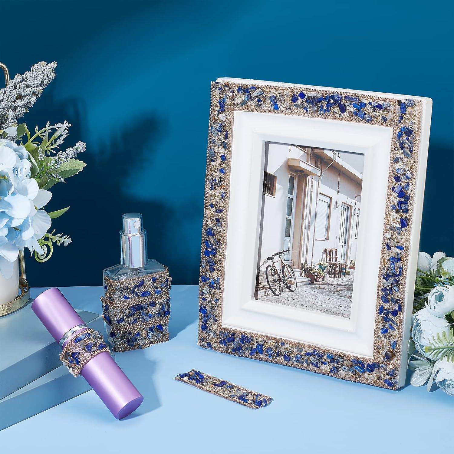 PH PandaHall 1 Yard 0.7 Inch Crystal Rhinestone Trim Hot Fix Ribbon Gem Stone Beaded Iron On Applique Embellishment with Curb Chains Edging for DIY Wedding Bridal Dress Shoes Phone Decor, Blue