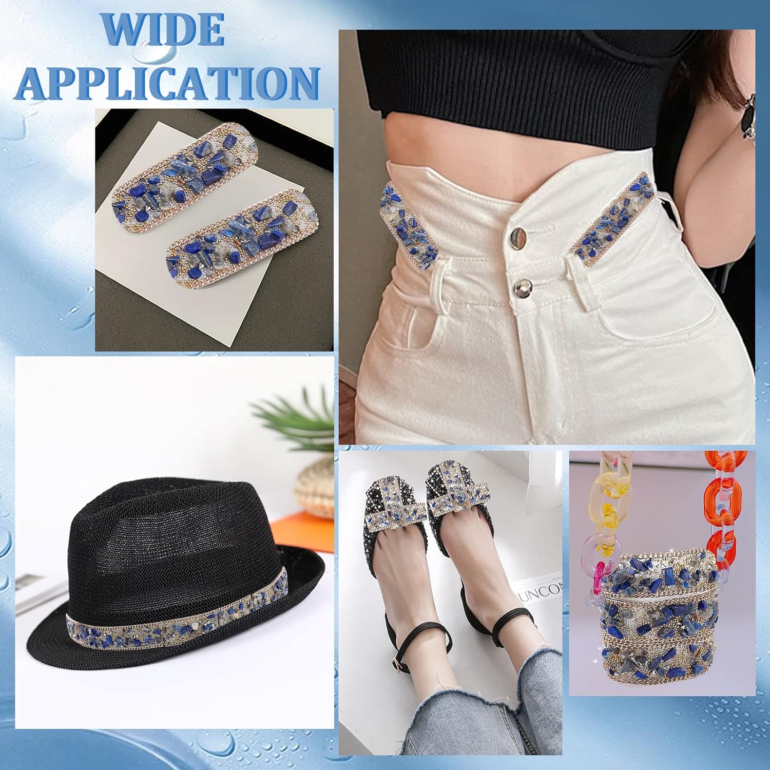 Alternative view of PH PandaHall 1 Yard 0.7 Inch Crystal Rhinestone Trim Hot Fix Ribbon Gem Stone Beaded Iron On Applique Embellishment with Curb Chains Edging for DIY Wedding Bridal Dress Shoes Phone Decor, Blue