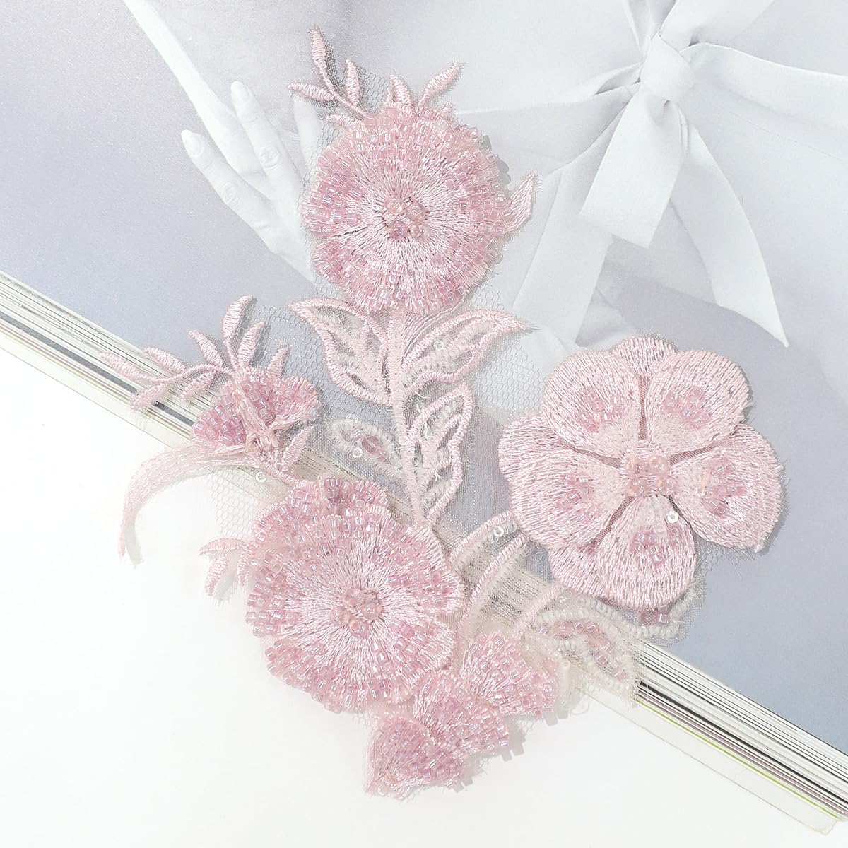 HHQ Sew on Floral Appliques Embellishments Beaded Sequin Flower Patches Clothing Accent for Dress Adornment Lace Tiny Sparkling Accessory DIY Craft (Pink)