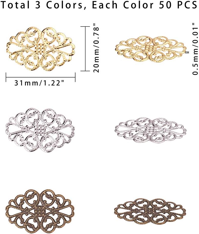PH PandaHall 150 pcs 3 Colors Tibetan Style Iron Oval Filigree Charm Pendant Link Connectors for Earring Necklace Jewelry DIY Craft Making, Mixed Colors