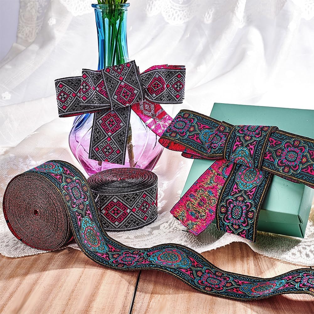 PH PandaHall 7 Yard Vintage Jacquard Ribbon 1 1/4 Inch Emobridered Woven Ribbon Floral Fabric Trim Fringe Boho Persian Tape for Eid Mubarak Ramadan Sewing Clothing Bag Embellishment Decorations