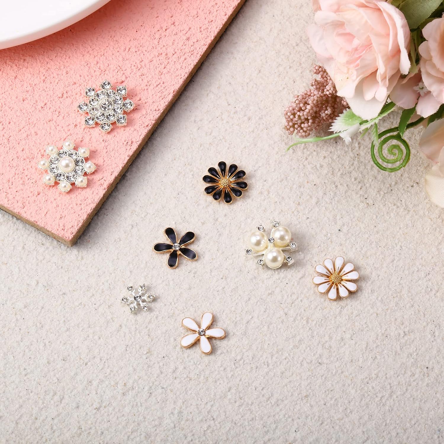 80 Pieces Rhinestone Buttons Embellishments Buttons Faux Pearl Flat Back Flower Buttons for Jewelry Making DIY Craft Wedding Party Home Decoration Hair Accessory (Classic Style)