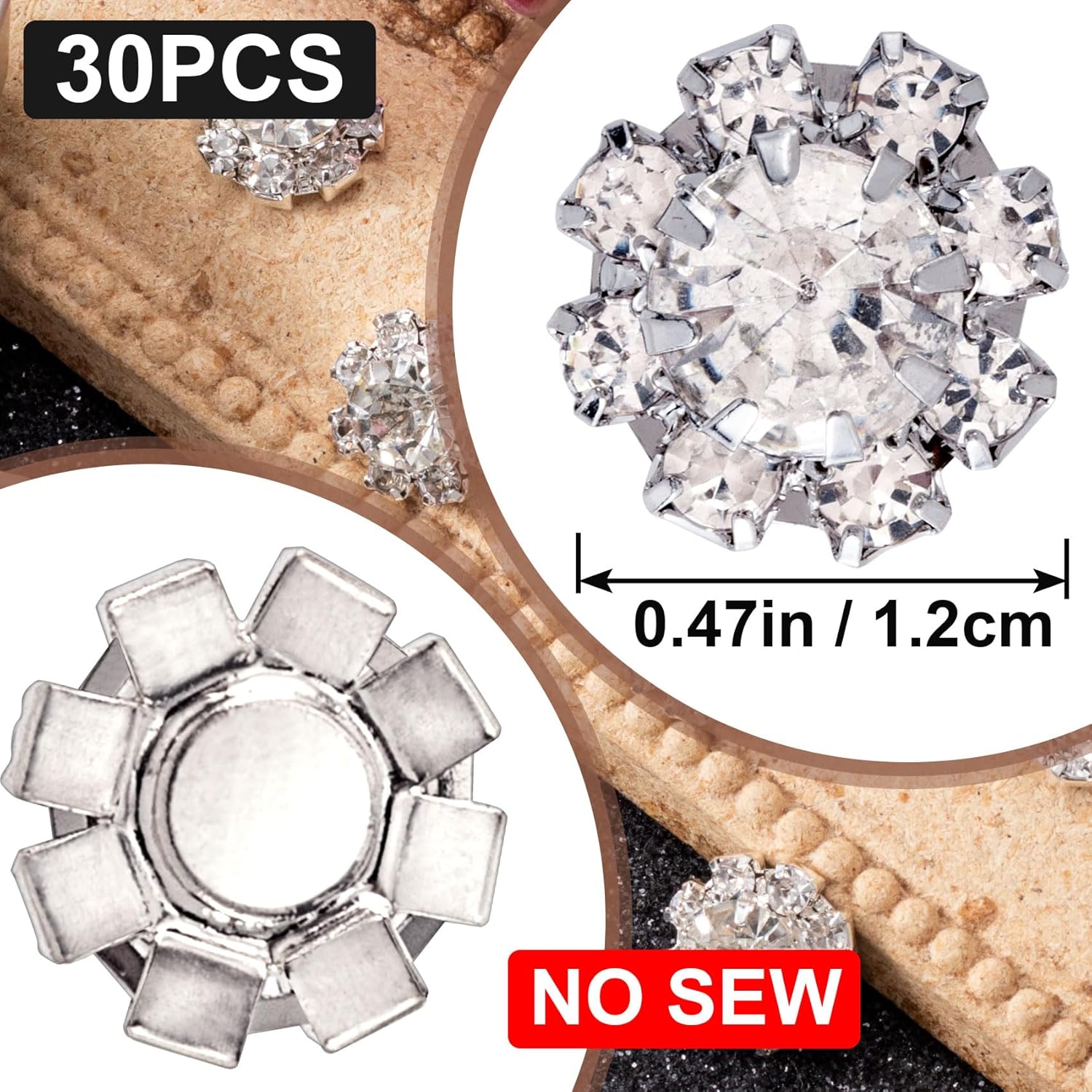 Alternative view of Joez Wonderful 30 Pcs Silver Rhinestone Buttons, Crystal Embellishments Flat Back Button, Flower Charms for Jwelery Making, Decorative Buttons for Crafting, Wedding, Clothing, DIY