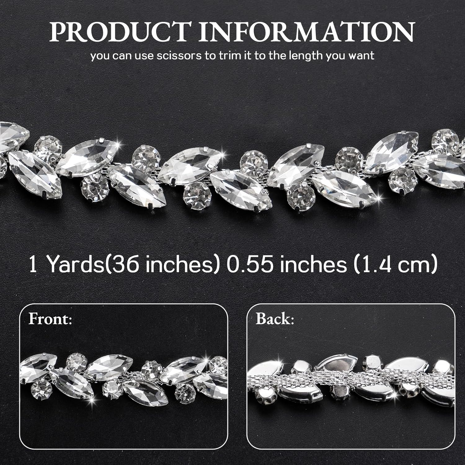 Silver Rhinestones Trim Chain 1 Yard - Crystal Applique Sewing on Rhinestone for Wedding Bridal Dress, DIY Jewelry Making, Crafts, Clothing, Cake Decoration, Shoes, Bags Embellishment（T140,1Y）