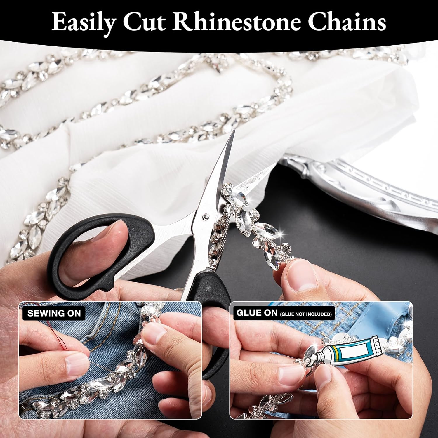 Alternative view of Silver Rhinestones Trim Chain 1 Yard - Crystal Applique Sewing on Rhinestone for Wedding Bridal Dress, DIY Jewelry Making, Crafts, Clothing, Cake Decoration, Shoes, Bags Embellishment（T140,1Y）