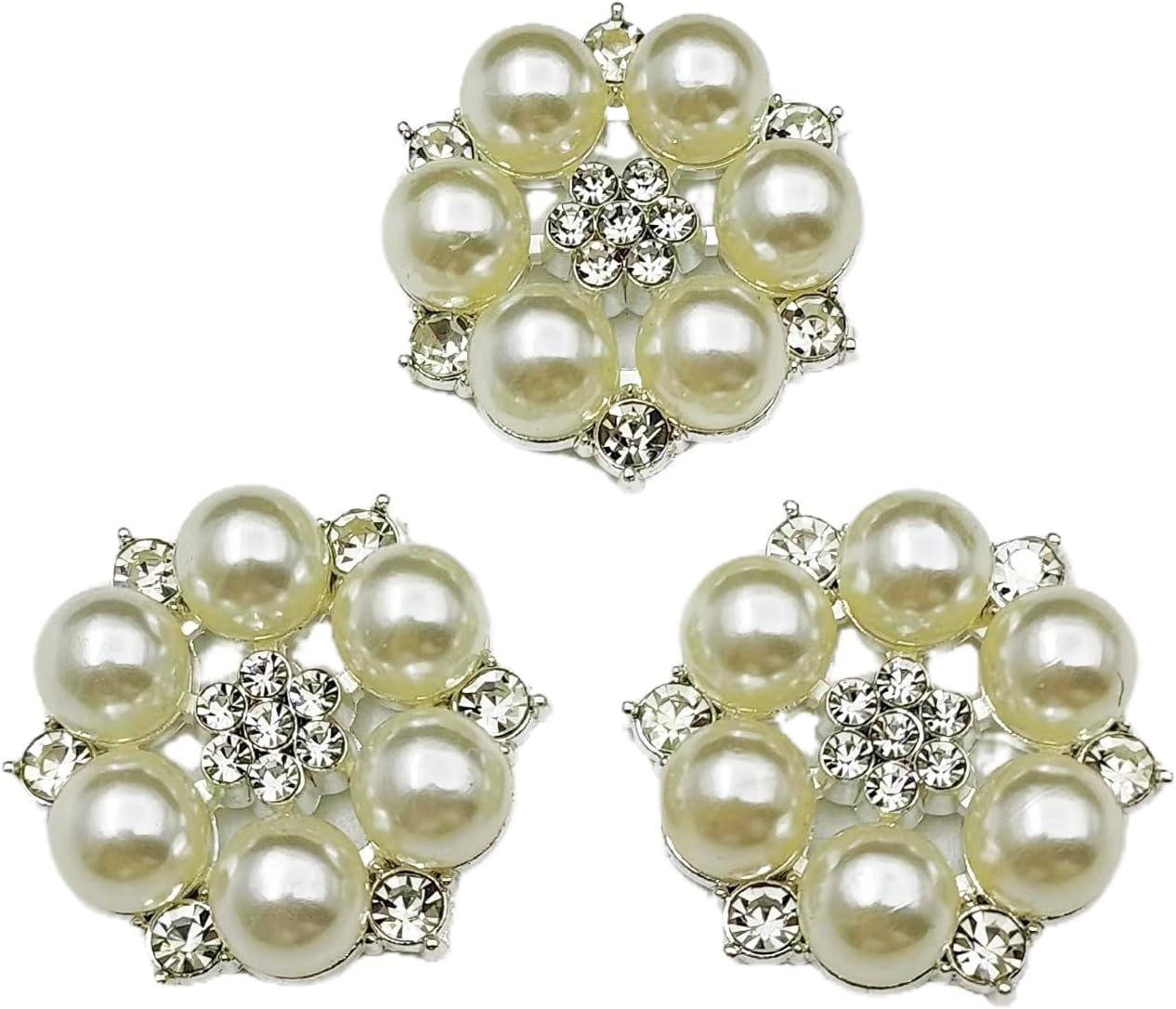 YOOGCORETT 10pcs Pearl Rhinestone Flat Back Embellishments Sew On Buttons Flower Buttons for DIY Craft, Bags Shoes Dress Decoration, 28 x 25mm, Silvery
