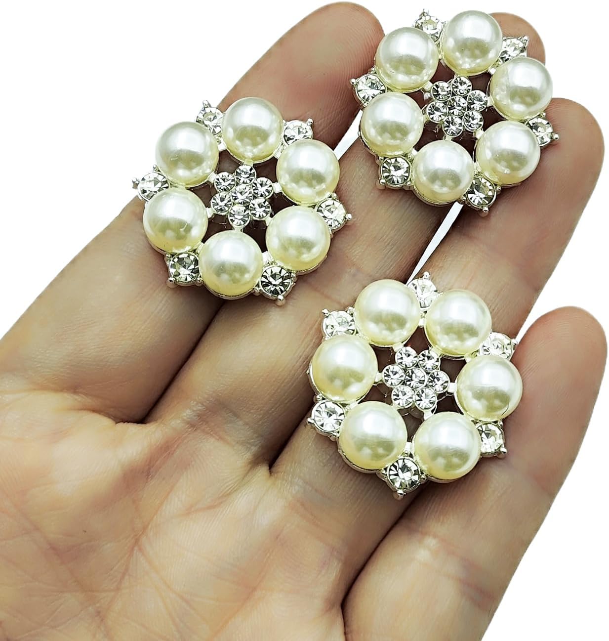 Alternative view of YOOGCORETT 10pcs Pearl Rhinestone Flat Back Embellishments Sew On Buttons Flower Buttons for DIY Craft, Bags Shoes Dress Decoration, 28 x 25mm, Silvery