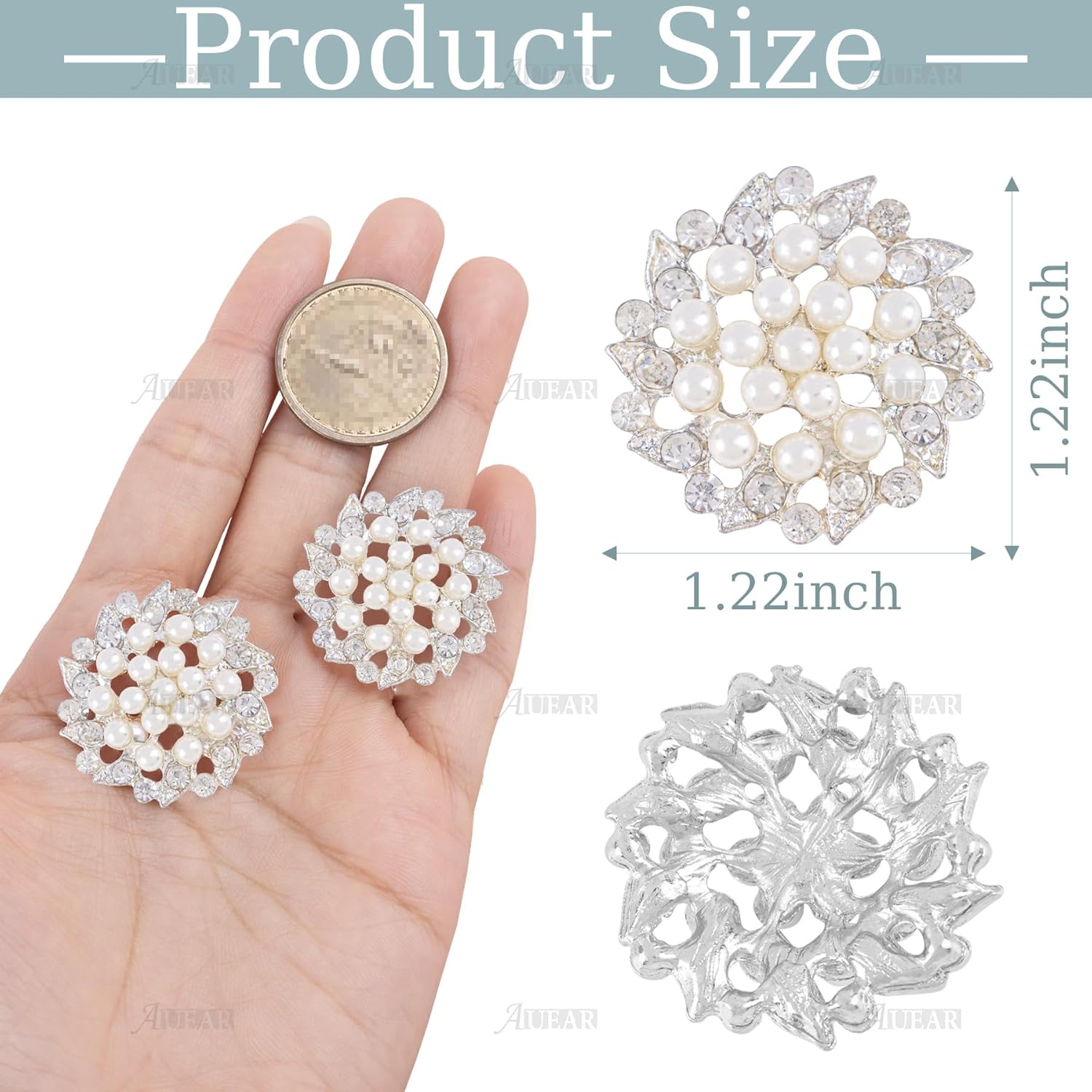 Alternative view of AUEAR, 30 Pack Silver Rhinestone Pearl Flower Buttons Flatback Crystal Embellishments for Jewelry Making Clothing DIY Craft