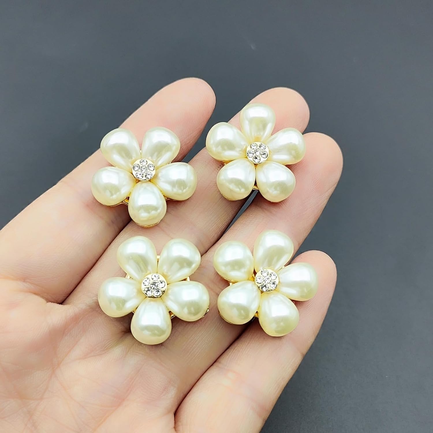 YOOGCORETT 10pcs Pearl Rhinestone Flat Back Embellishments Sew On Buttons Flower Buttons for DIY Craft, Bags Shoes Dress Decoration, 28 x 25mm, Silvery - Image 3