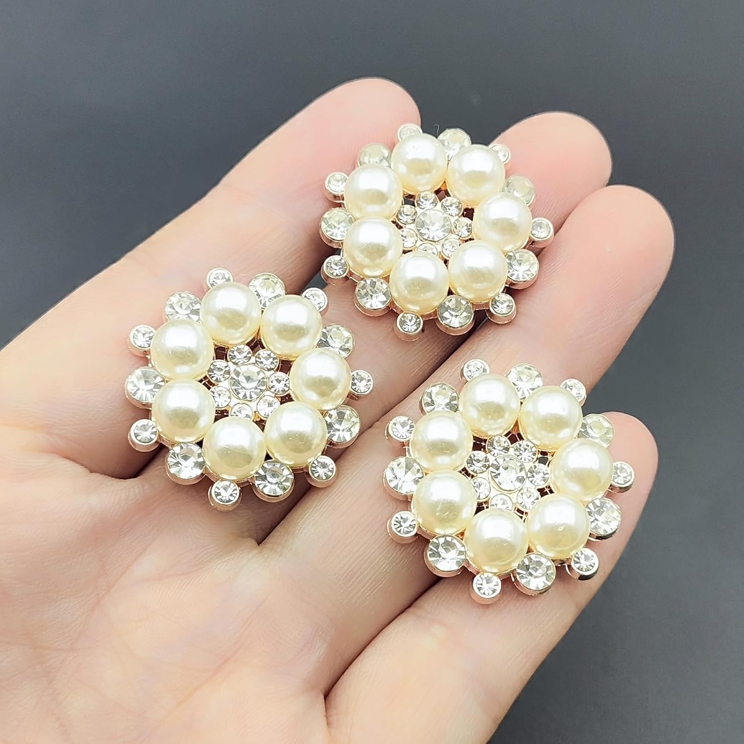 YOOGCORETT 10pcs Pearl Rhinestone Flat Back Embellishments Sew On Buttons Flower Buttons for DIY Craft, Bags Shoes Dress Decoration, 28 x 25mm, Silvery - Image 4
