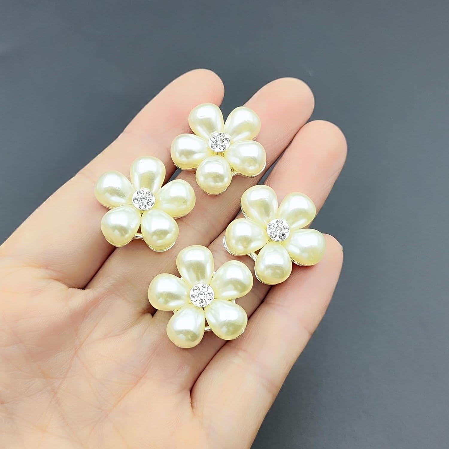 YOOGCORETT 10pcs Pearl Rhinestone Flat Back Embellishments Sew On Buttons Flower Buttons for DIY Craft, Bags Shoes Dress Decoration, 28 x 25mm, Silvery - Image 8